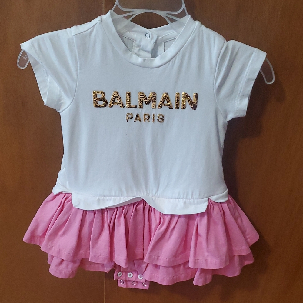 Balmain White and Pink Baby Dress with Gold Logo